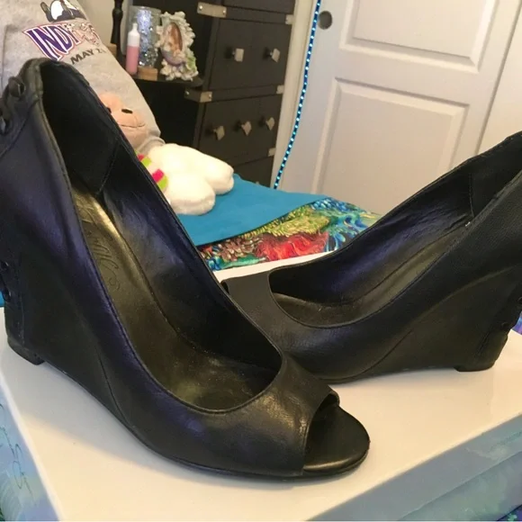 Fergie Black Peep-Toe Wedges - Picture 1 of 7